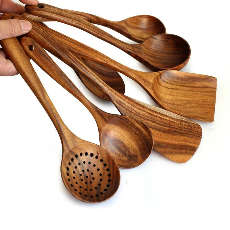 SacredHut | NordTeak 7-piece kitchen helper set – premium teak wood tools for stylish and versatile cooking