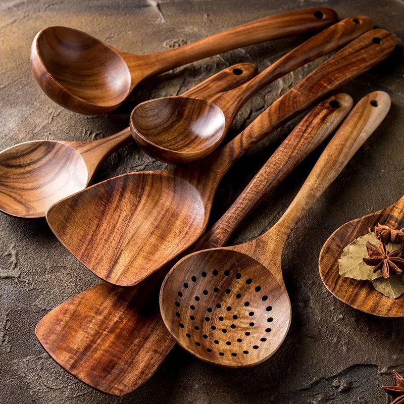 SacredHut | NordTeak 7-piece kitchen helper set – premium teak wood tools for stylish and versatile cooking