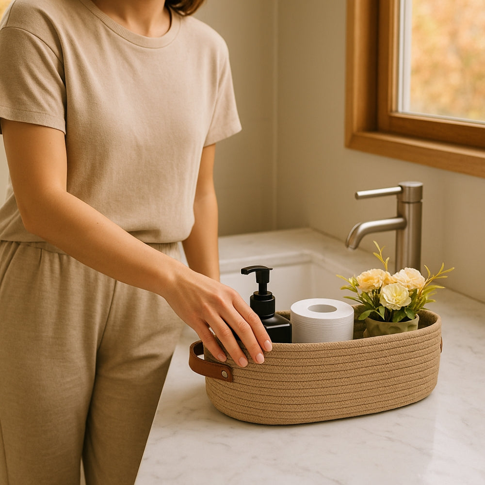 Woven Storage Basket with Handles, Bathroom and Shelf Organizer — product view 7