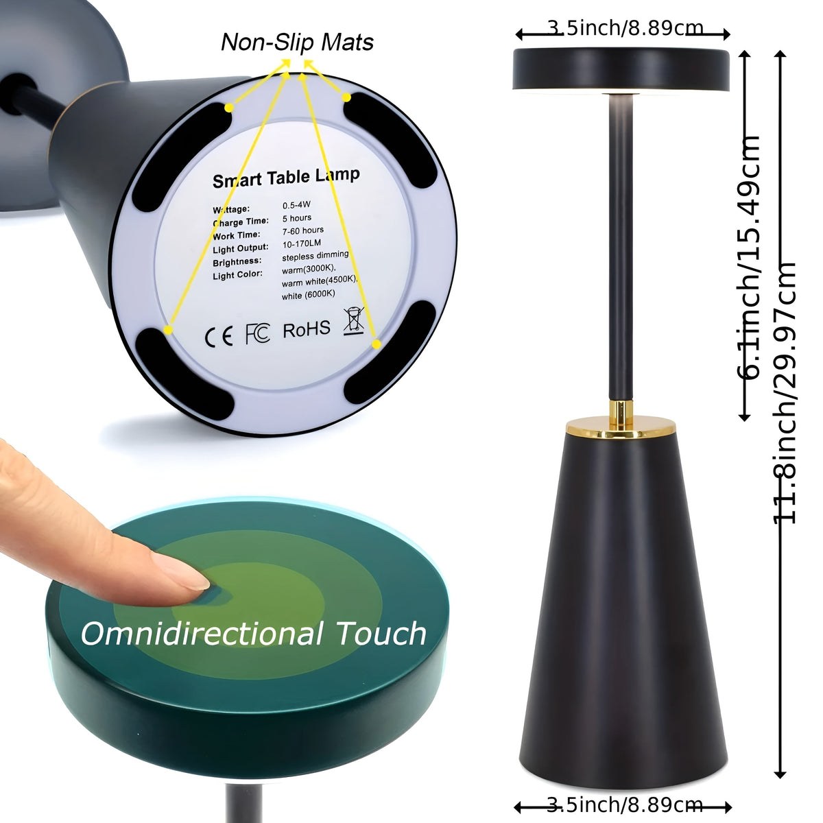 Slim Rechargeable Table Lamp, 3-Color Touch-Dimmable LED Light - product view 7