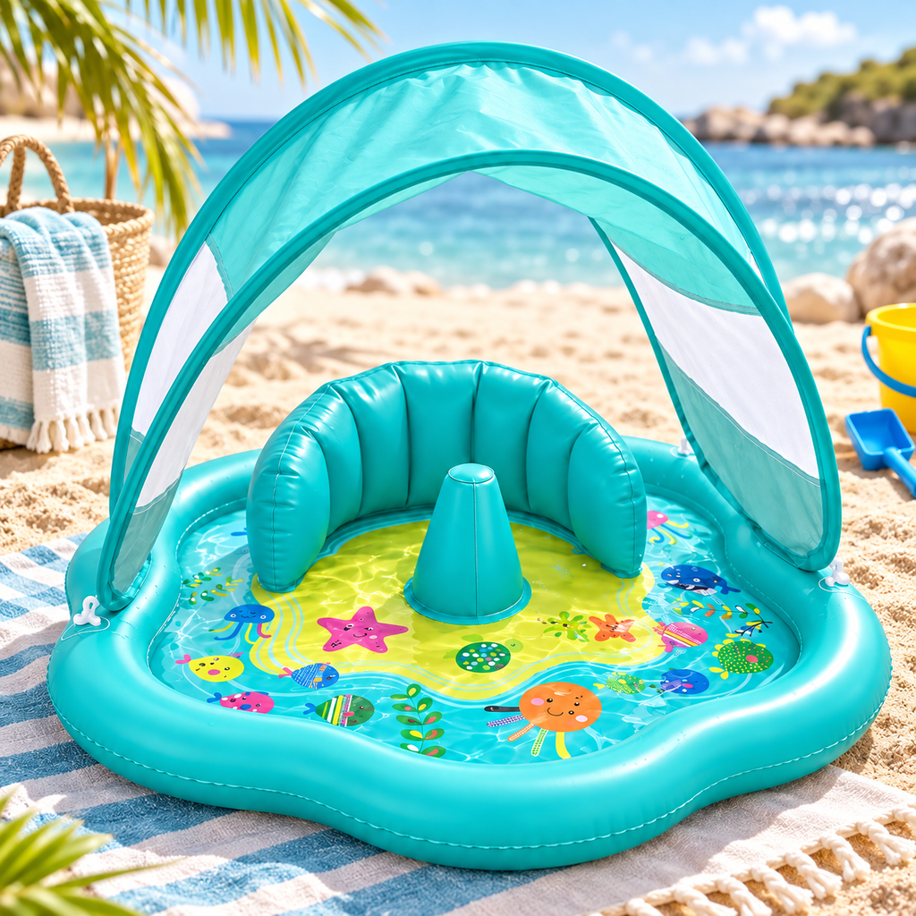 Inflatable baby water play mat with sun canopy