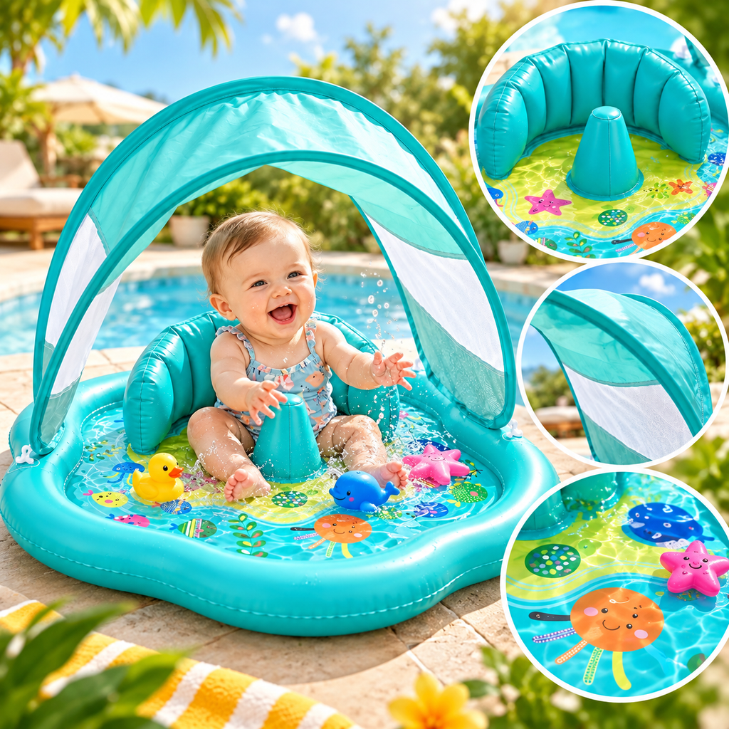 Inflatable baby water play mat with sun canopy