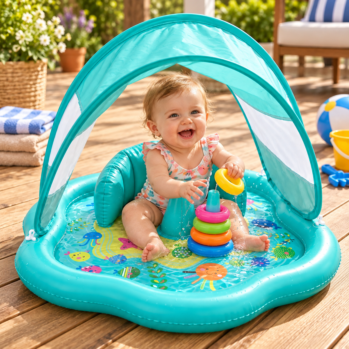 Inflatable baby water play mat with sun canopy