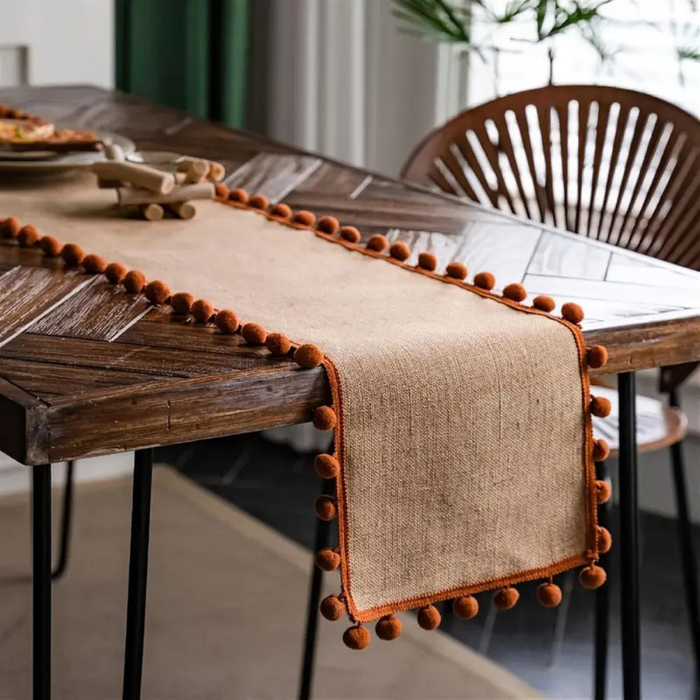 Jute Table Runner with Orange Pom-Poms, Boho Dining Table Decor — product view 6