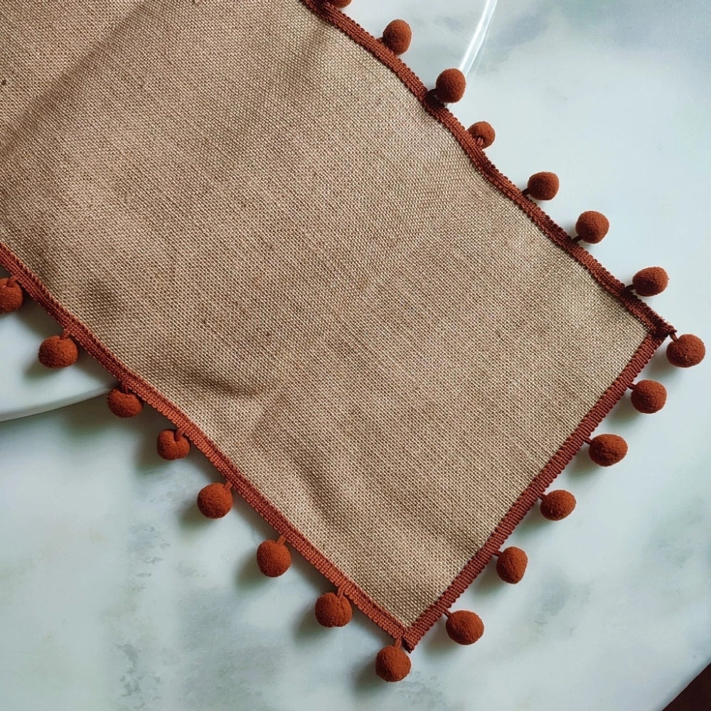 Jute Table Runner with Orange Pom-Poms, Boho Dining Table Decor — product view 7