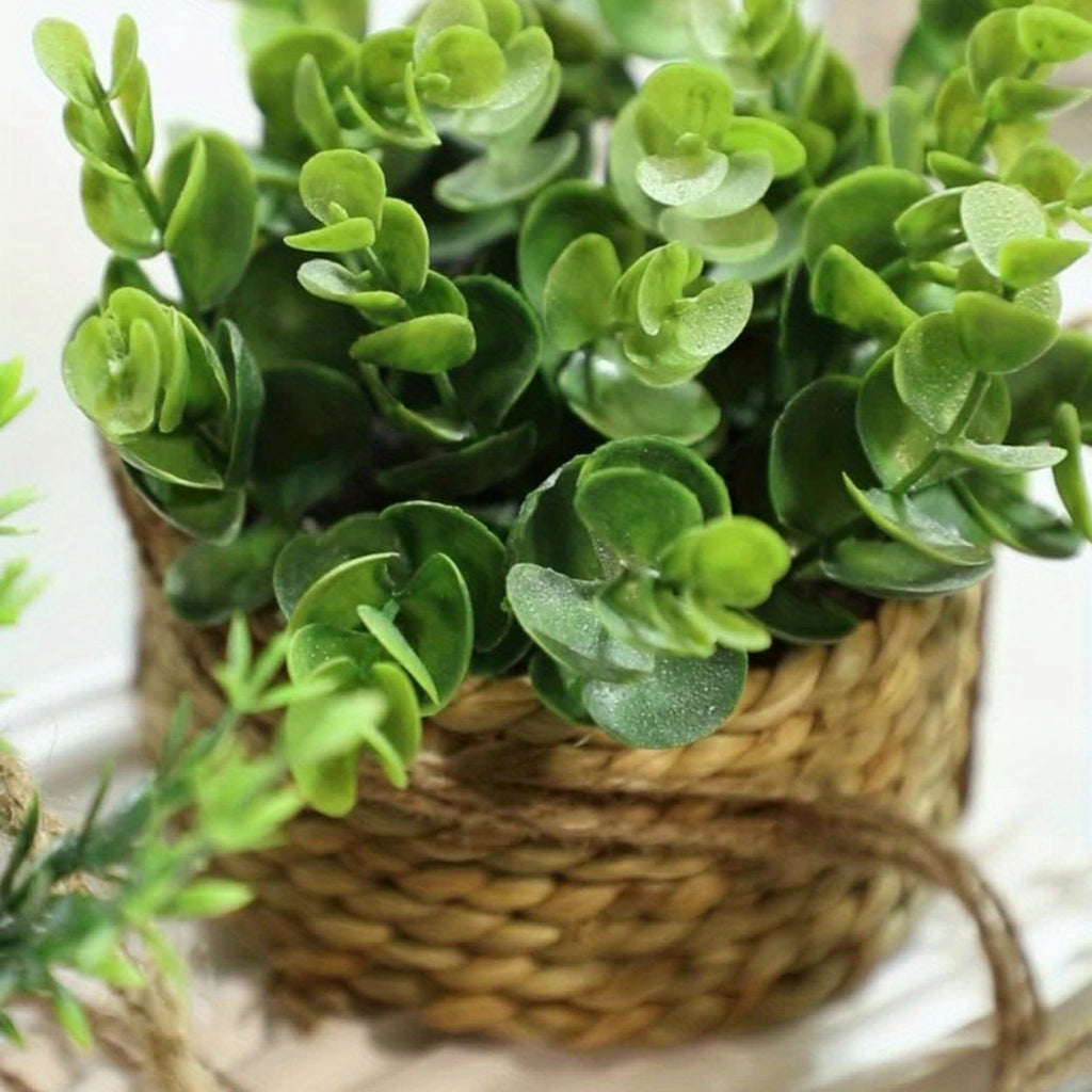 Hanging Artificial Plant in Woven Basket, Faux Eucalyptus or Rosemary — product view 4