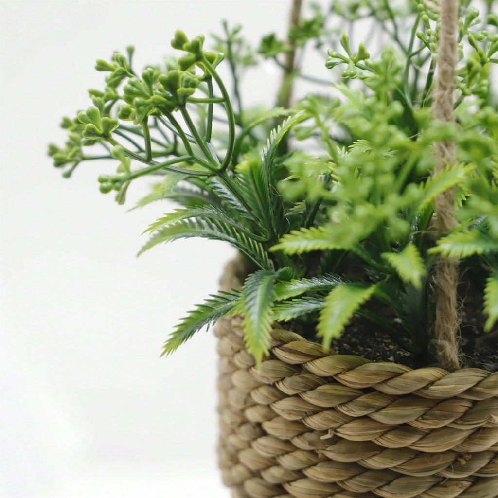 Hanging Artificial Plant in Woven Basket, Faux Eucalyptus or Rosemary — product view 8