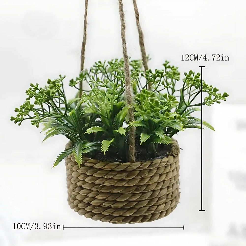 Hanging Artificial Plant in Woven Basket, Faux Eucalyptus or Rosemary — product view 6