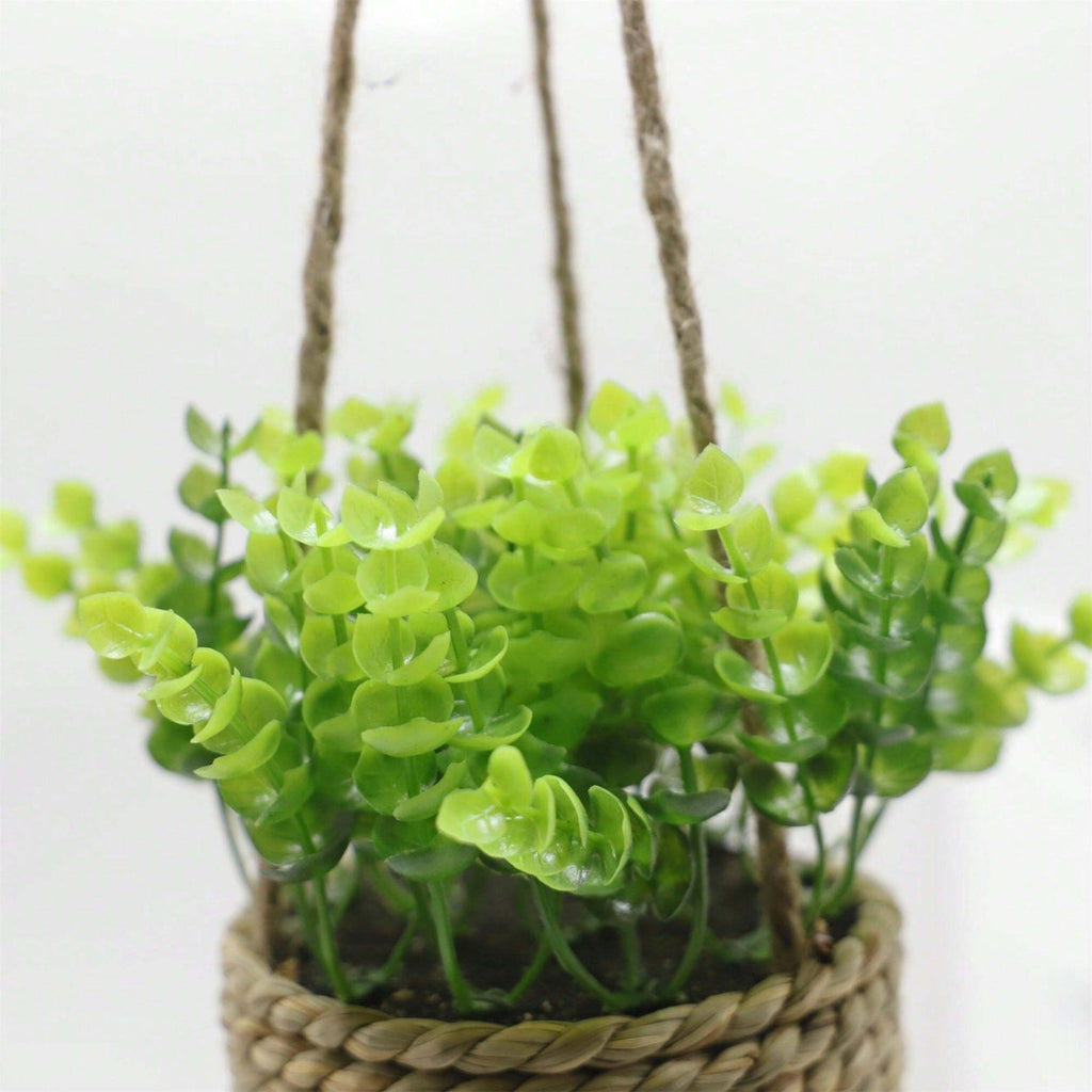 Hanging Artificial Plant in Woven Basket, Faux Eucalyptus or Rosemary — product view 7