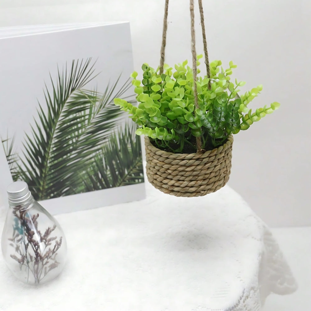 Hanging Artificial Plant in Woven Basket, Faux Eucalyptus or Rosemary — product view 10