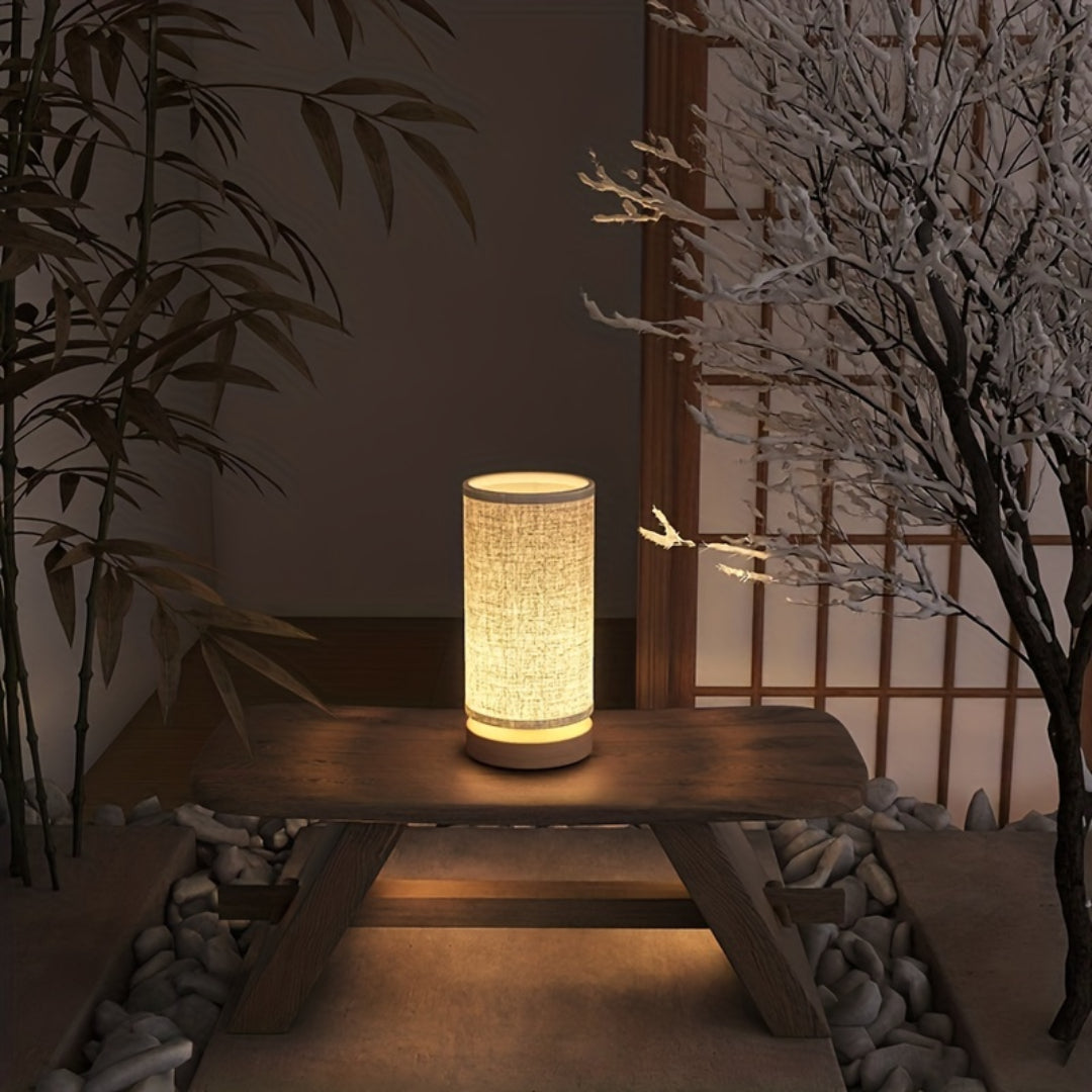 Wooden Bedside Table Lamp, USB LED Light with Fabric Shade - product view 5