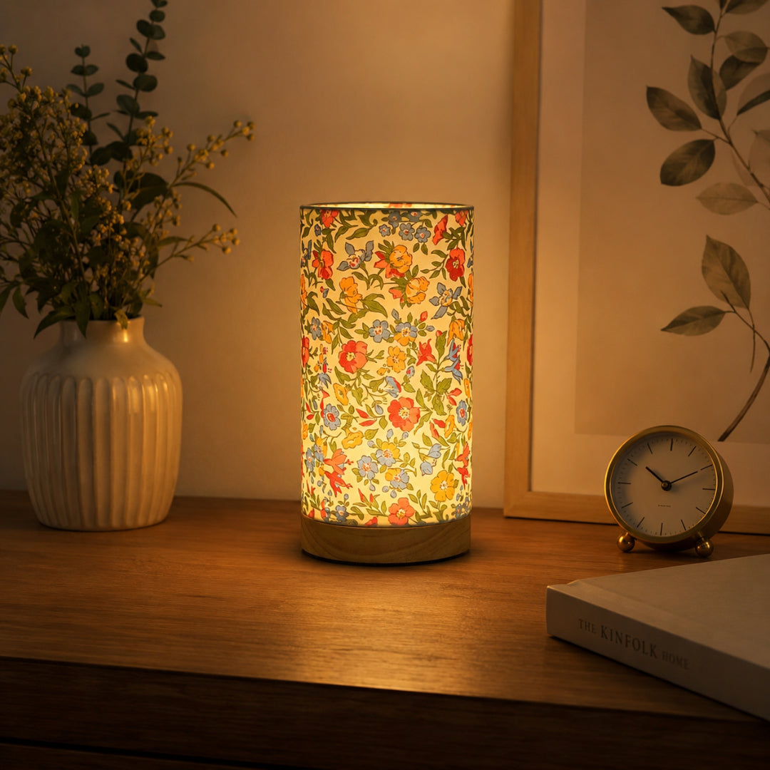 Wooden Bedside Table Lamp, USB LED Light with Fabric Shade - product view 4