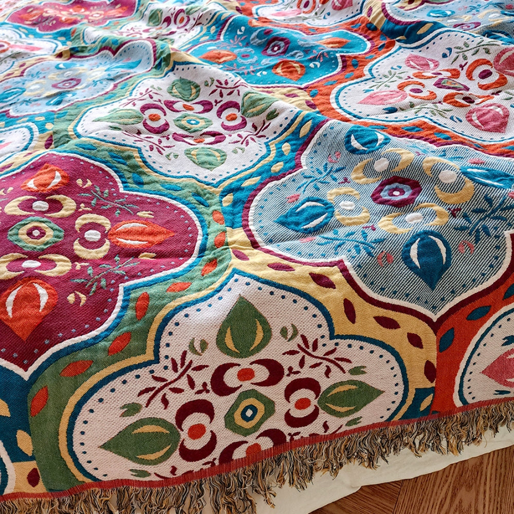 Moroccan Mosaic Cotton Throw Blanket, Reversible Tassel Fringe — product view 4