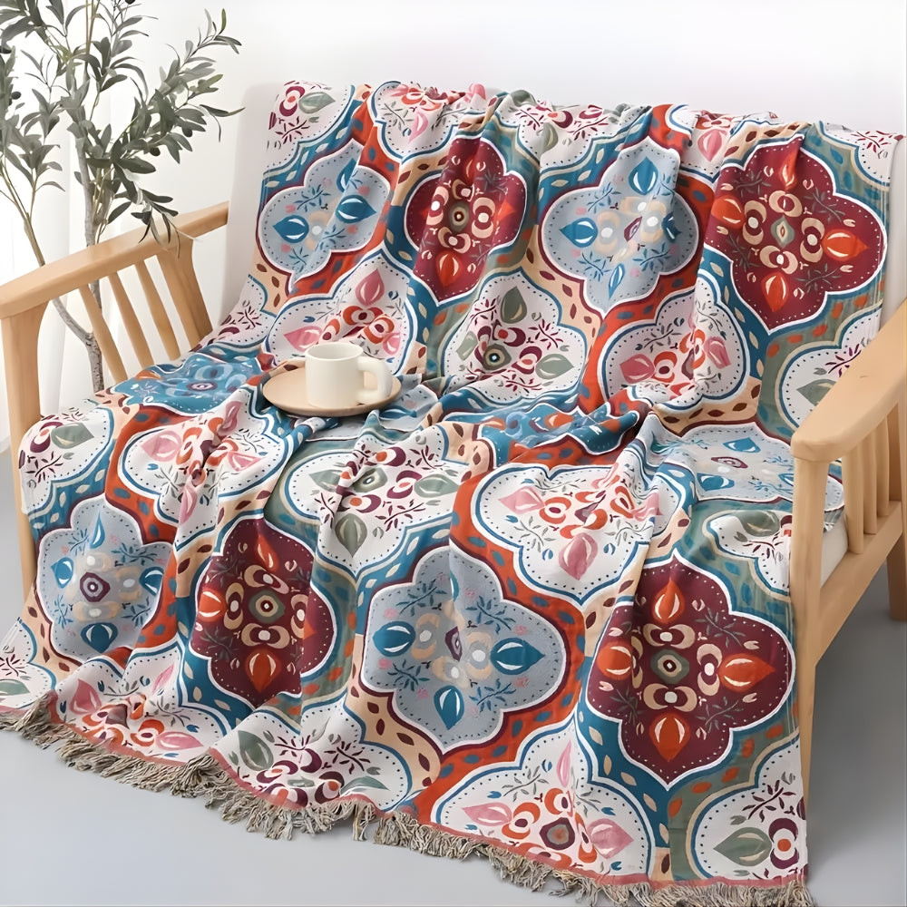 Moroccan Mosaic Cotton Throw Blanket, Reversible Tassel Fringe — product view 2