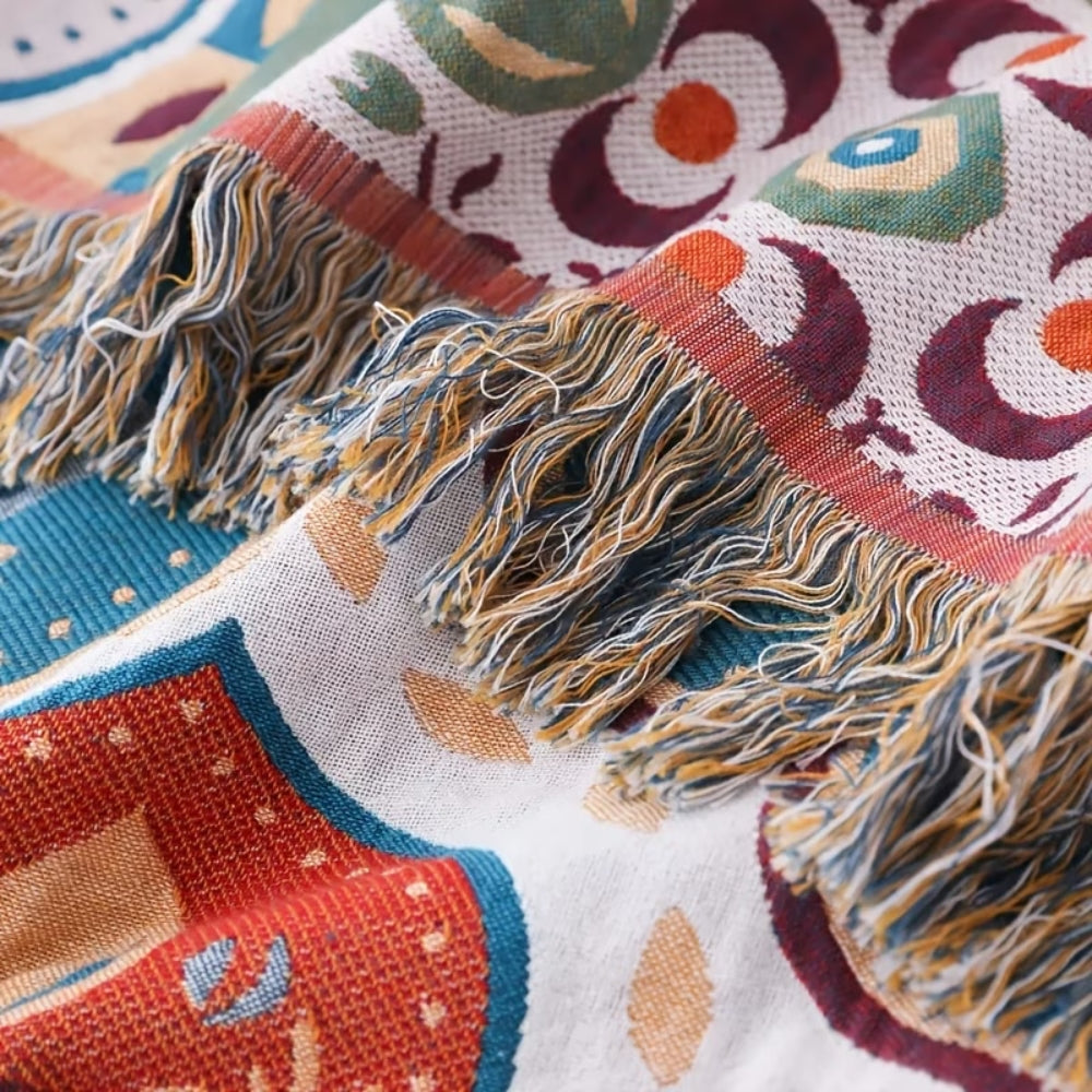 Moroccan Mosaic Cotton Throw Blanket, Reversible Tassel Fringe — product view 5