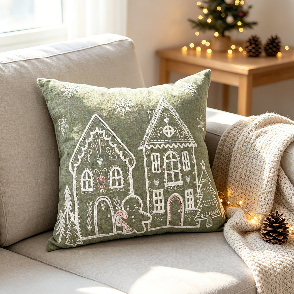 Embroidered Gingerbread House Christmas Pillow Cover, Square or Lumbar - product view 6
