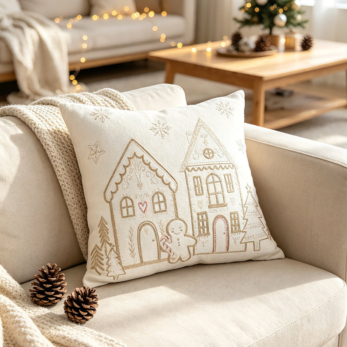 Embroidered Gingerbread House Christmas Pillow Cover, Square or Lumbar - product view 7