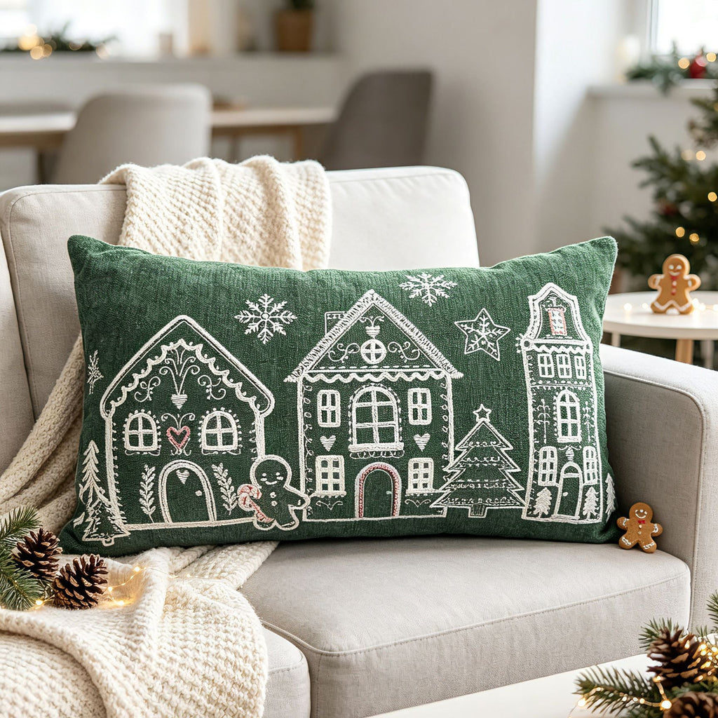Embroidered Gingerbread House Christmas Pillow Cover, Square or Lumbar - product view 4