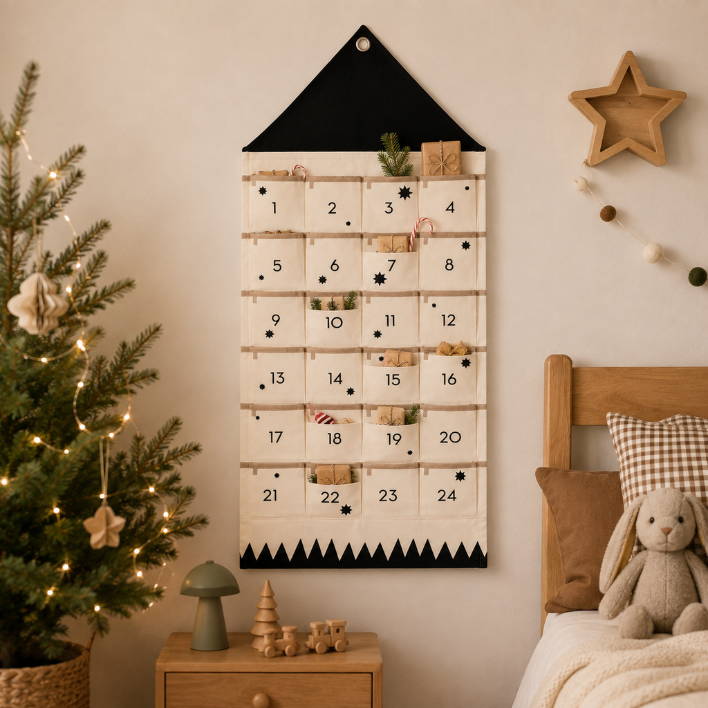 Fabric Christmas Advent Calendar, 24-Pocket Wall Countdown - Black
