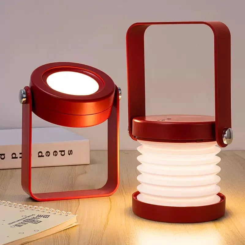 Folding Rechargeable Lantern, Wood-Handle LED Table Lamp - Red