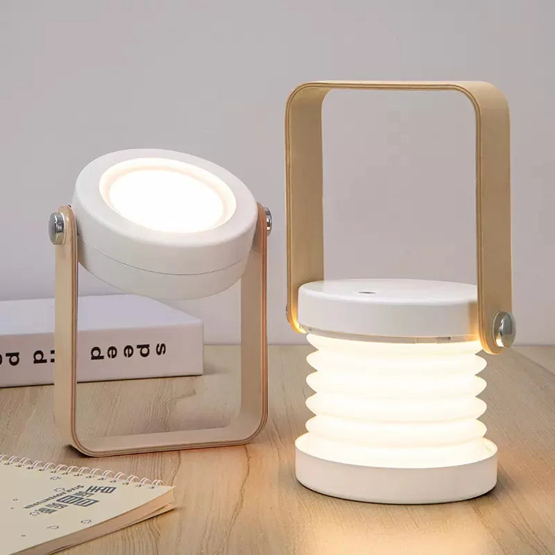 Folding Rechargeable Lantern, Wood-Handle LED Table Lamp - White