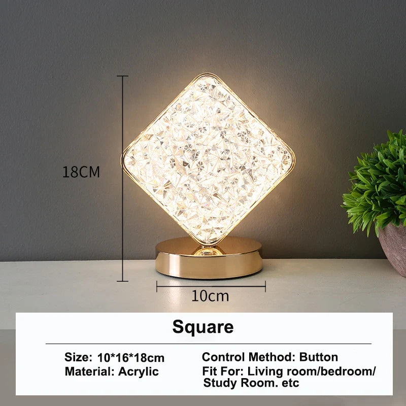 Crystal-Style LED Night Light, Rechargeable Touch-Dimming Lamp - Square