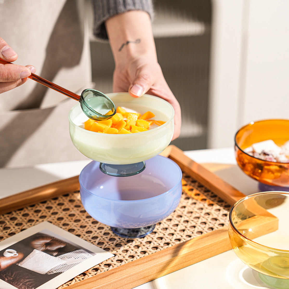 SacredHut | Colorful borosilicate dessert bowl with spoon
