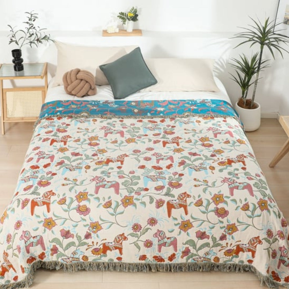 Reversible Floral Cotton Blanket, 4-Layer Tassel Bedspread — product view 1