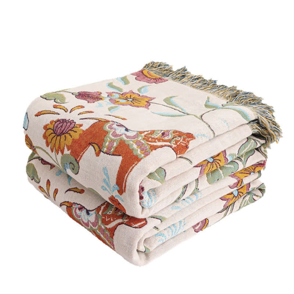 Reversible Floral Cotton Blanket, 4-Layer Tassel Bedspread — product view 4