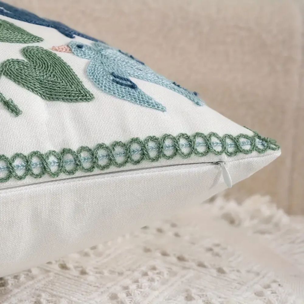 Botanical Bird Embroidered Pillow Cover, 18-Inch Vintage Cushion Cover — product view 8