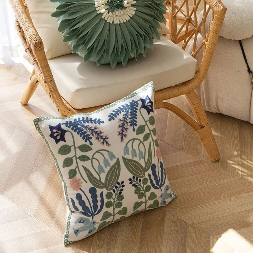 Botanical Bird Embroidered Pillow Cover, 18-Inch Vintage Cushion Cover — product view 4