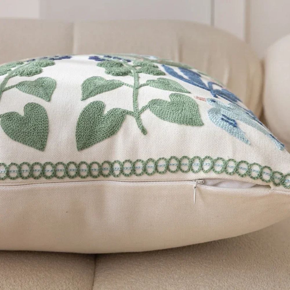 Botanical Bird Embroidered Pillow Cover, 18-Inch Vintage Cushion Cover — product view 7