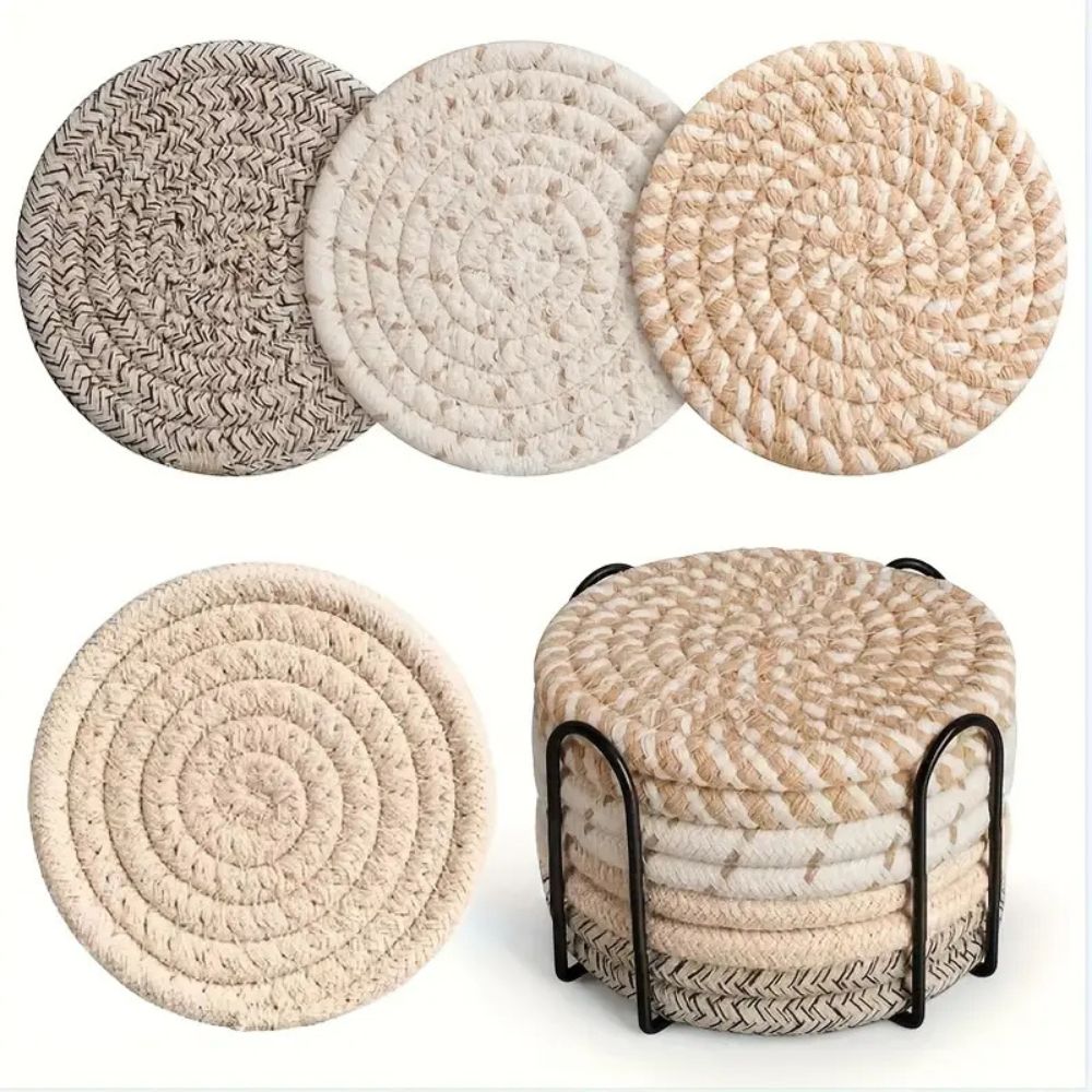 Woven Cotton Coasters, Set of 8 Absorbent Table Protectors — product view 6