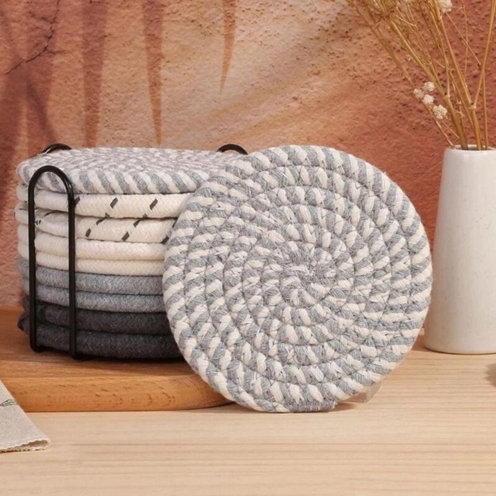 Woven Cotton Coasters, Set of 8 Absorbent Table Protectors — product view 3