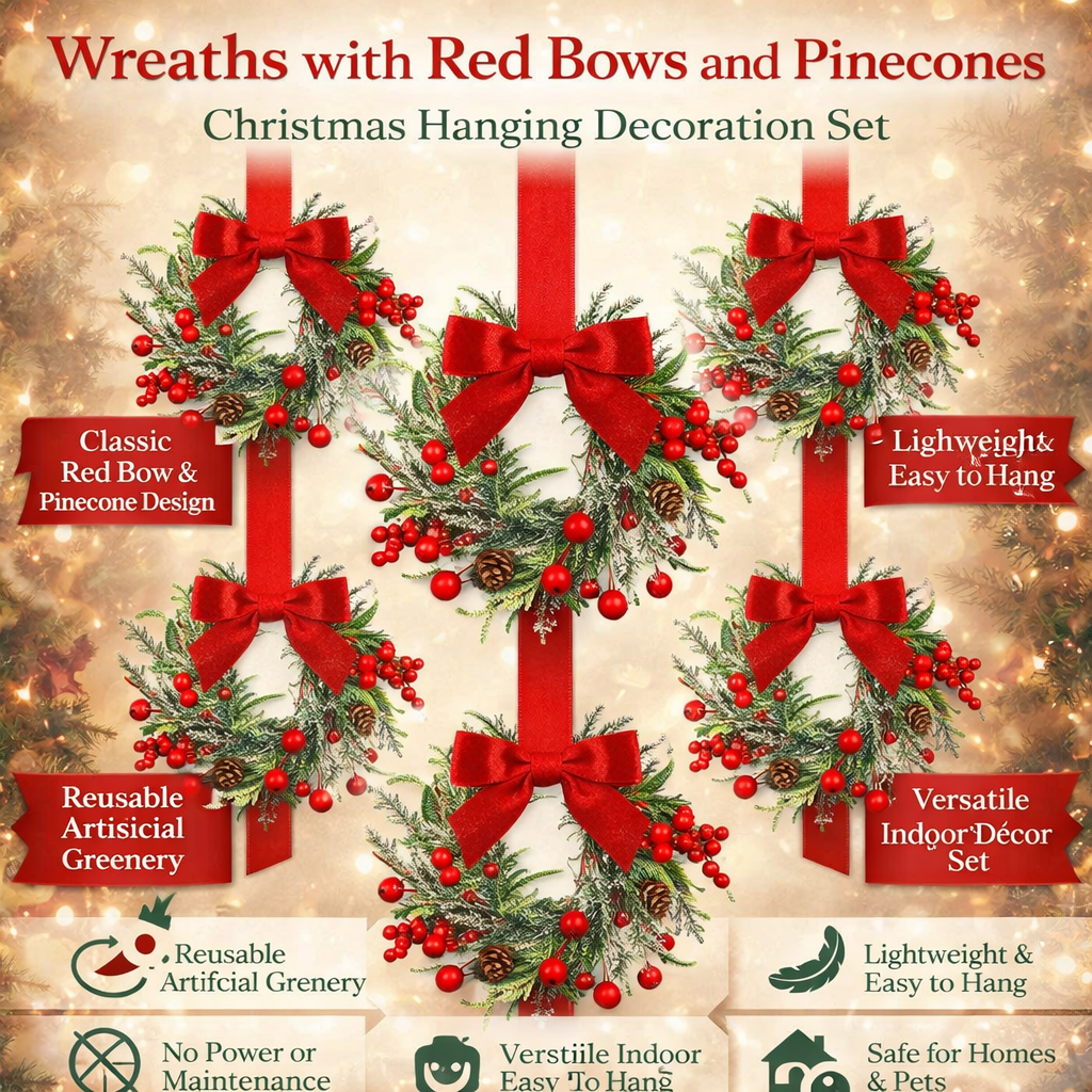 Mini Christmas Wreaths with Red Bows & Pinecones, Set of 6 - product view 4