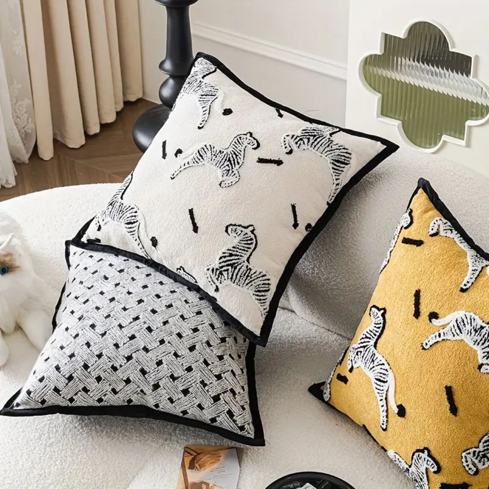 Embroidered Chenille Pillow Cover, Zebra and Geometric Cushion Designs — product view 3