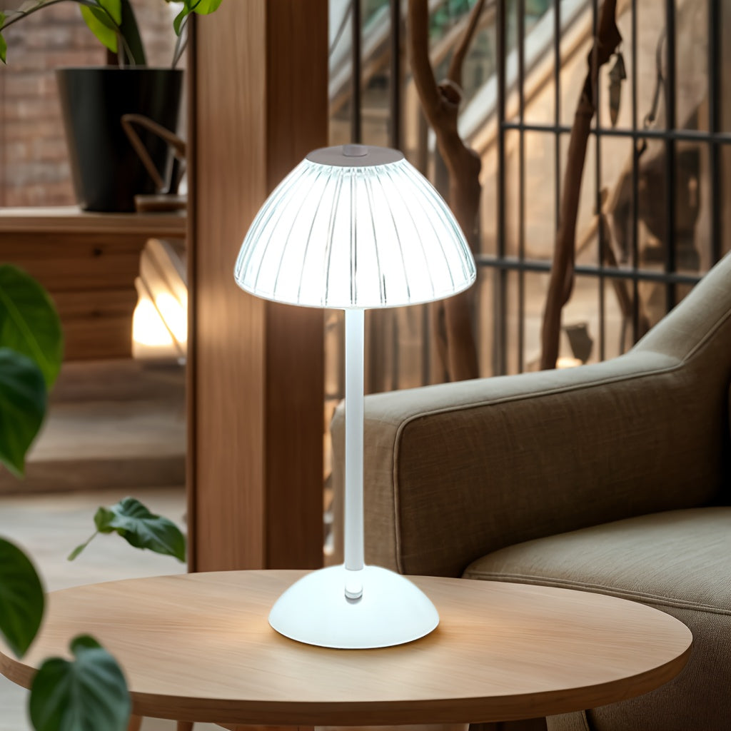 Ribbed Acrylic Table Lamp, Rechargeable 3-Color Touch LED Light - White