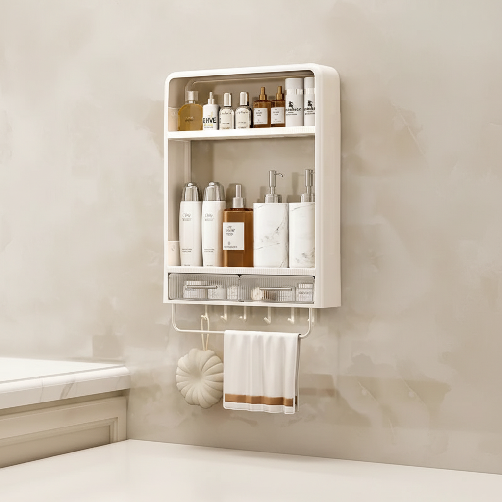 No-Drill Bathroom Wall Shelf, 2 or 3 Tiers - 2 Tiers, Drawer B