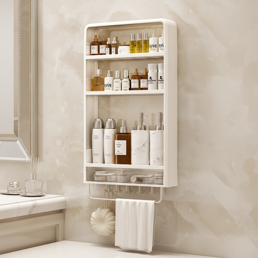 No-Drill Bathroom Wall Shelf, 2 or 3 Tiers - 3 Tiers, Drawer B