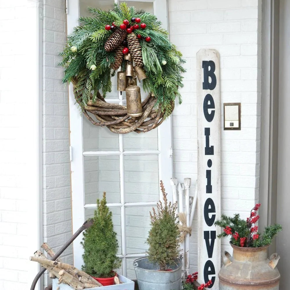 Boho Christmas Wreath with Pinecones, Berries & Golden Bells - product view 11