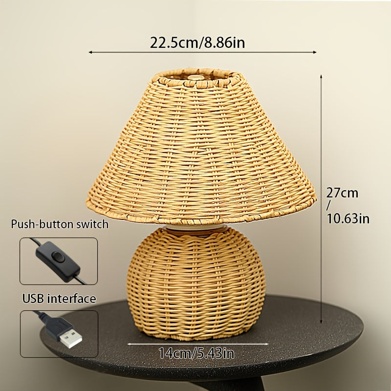 Woven Bamboo Table Lamp, USB-Powered Boho Bedside Light - product view 4