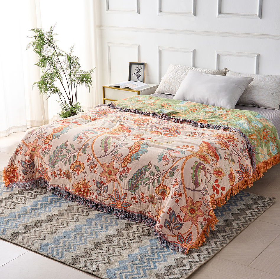 100% Cotton Floral Boho Throw Blanket with Tassels — product view 3