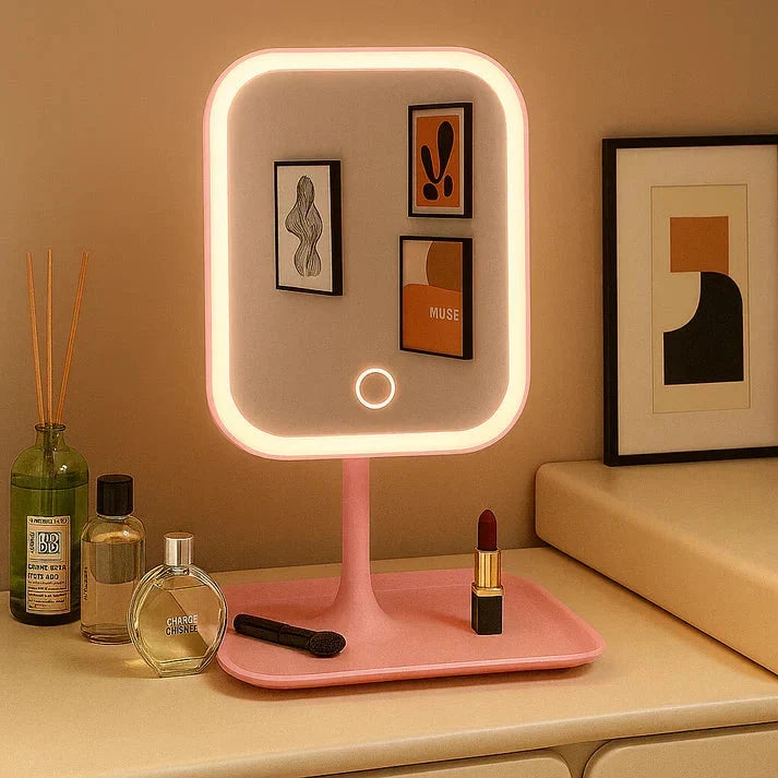 Rechargeable LED Vanity Mirror with Touch Dimmer, 3 Light Colors - Pink