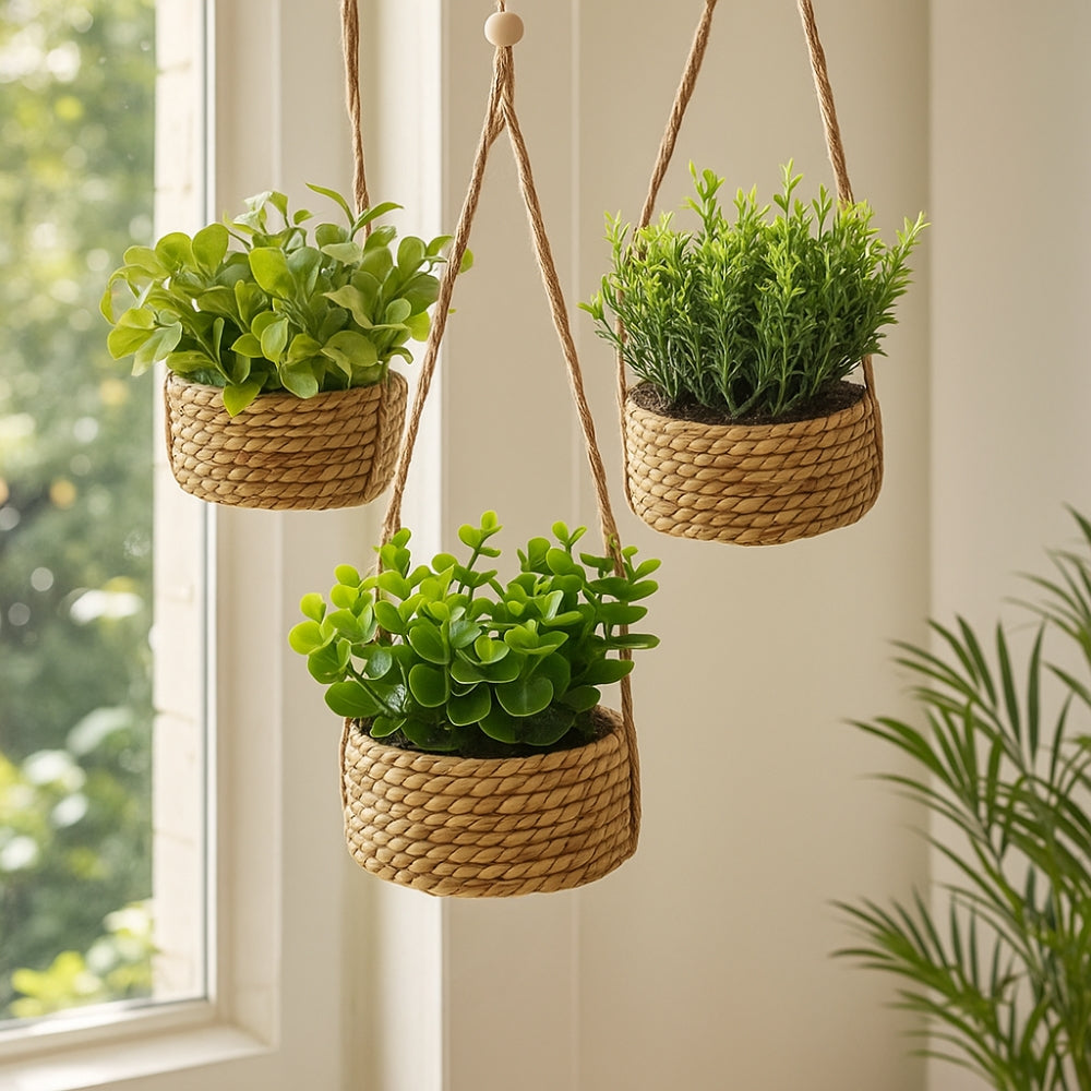 Hanging Artificial Plant in Woven Basket, Faux Eucalyptus or Rosemary — product view 2