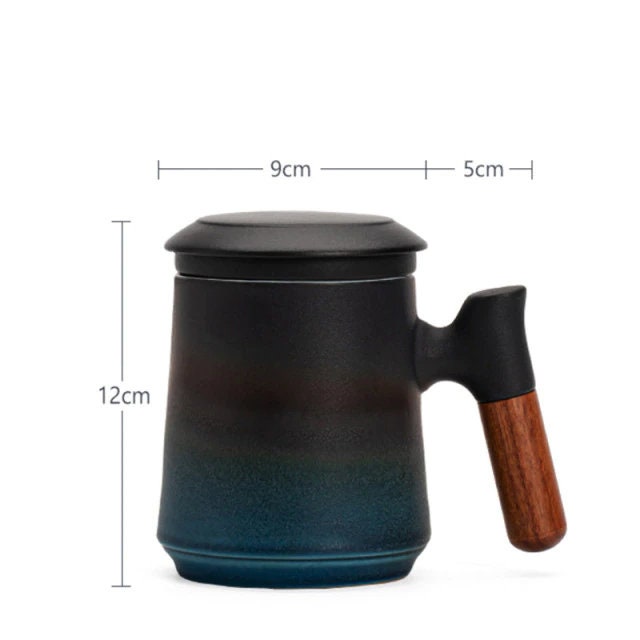SacredHut | Japanese Ceramic Tea Mug Set with Tea Strainer and Lid, Handmade