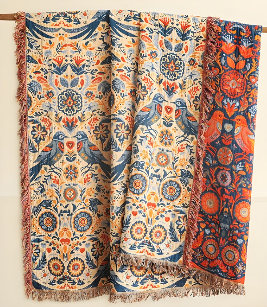 Bird and Floral Cotton Throw Blanket, Breathable Double Gauze — product view 4