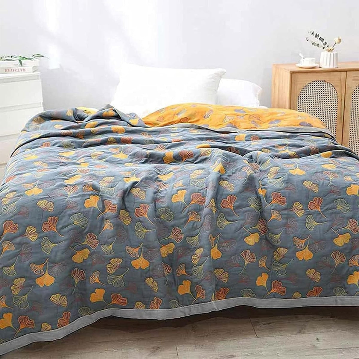 Ginkgo Leaf Cotton Throw Blanket, Reversible Blue and Yellow Design — product view 2