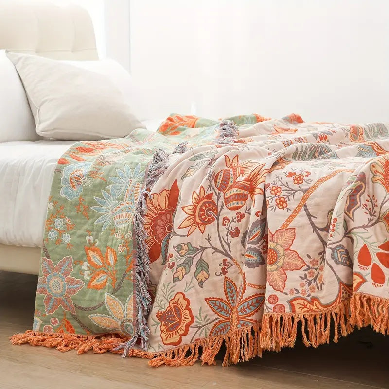 100% Cotton Floral Boho Throw Blanket with Tassels — product view 2
