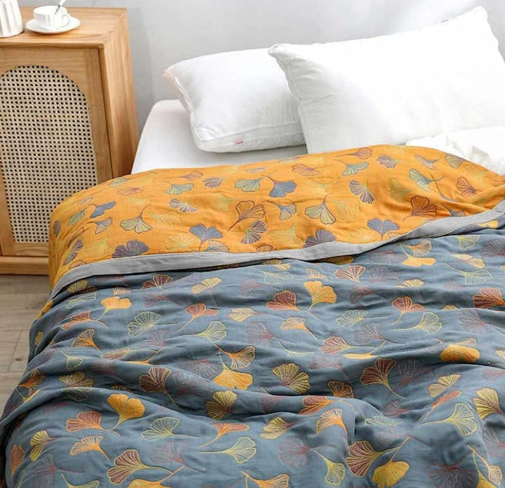 Ginkgo Leaf Cotton Throw Blanket, Reversible Blue and Yellow Design — product view 3