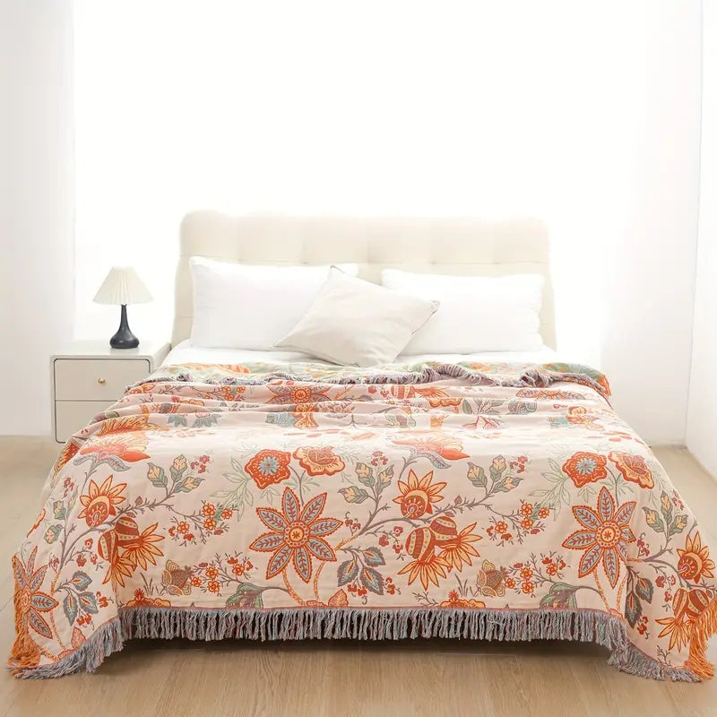 100% Cotton Floral Boho Throw Blanket with Tassels — product view 5
